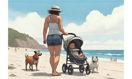 Passeggino trio migliori 2026: passeggiata al mare con mamma, neonato e cani