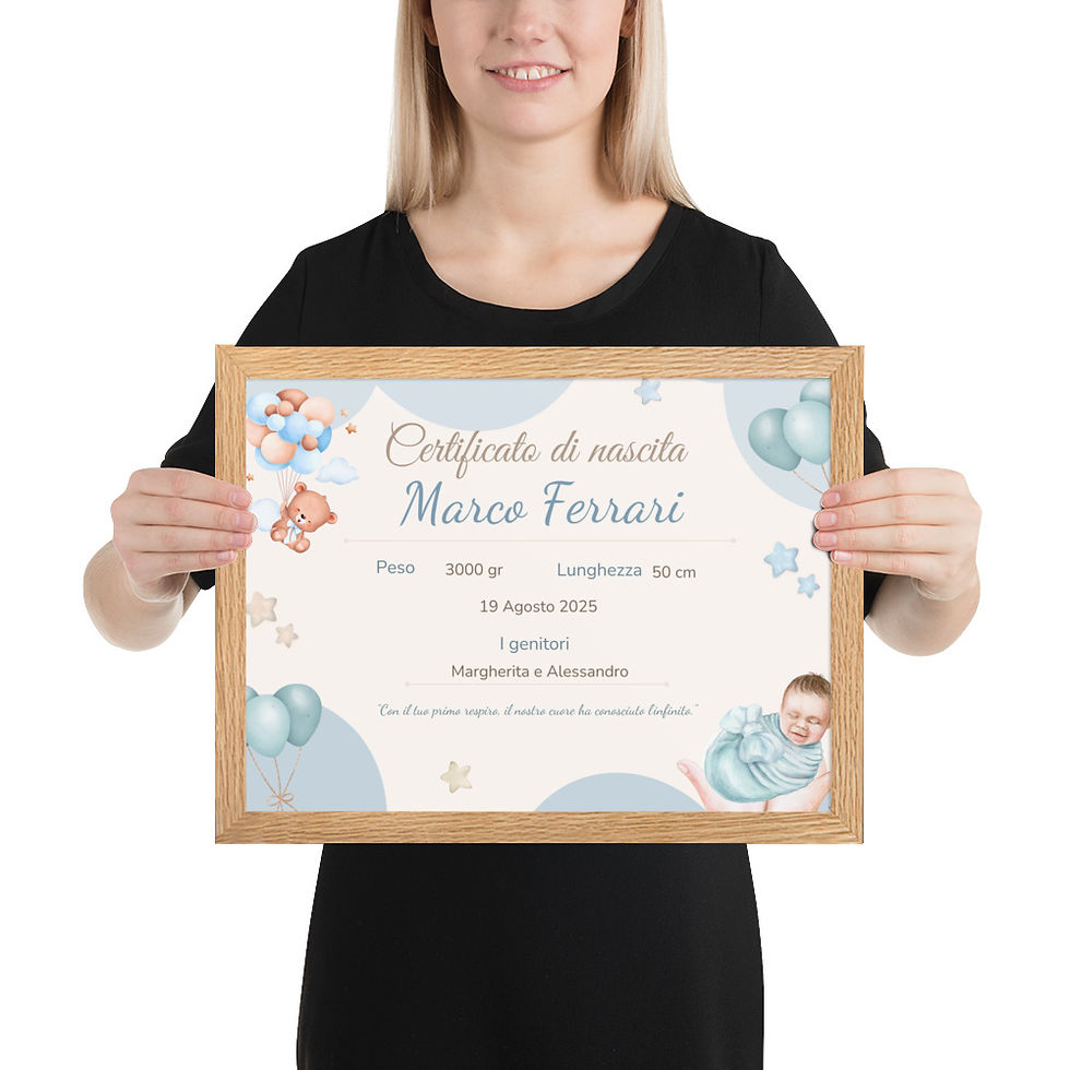 Miniatura: Immagine nascita con nome e data azzurra con cornice rovere chiaro 30x40 cm