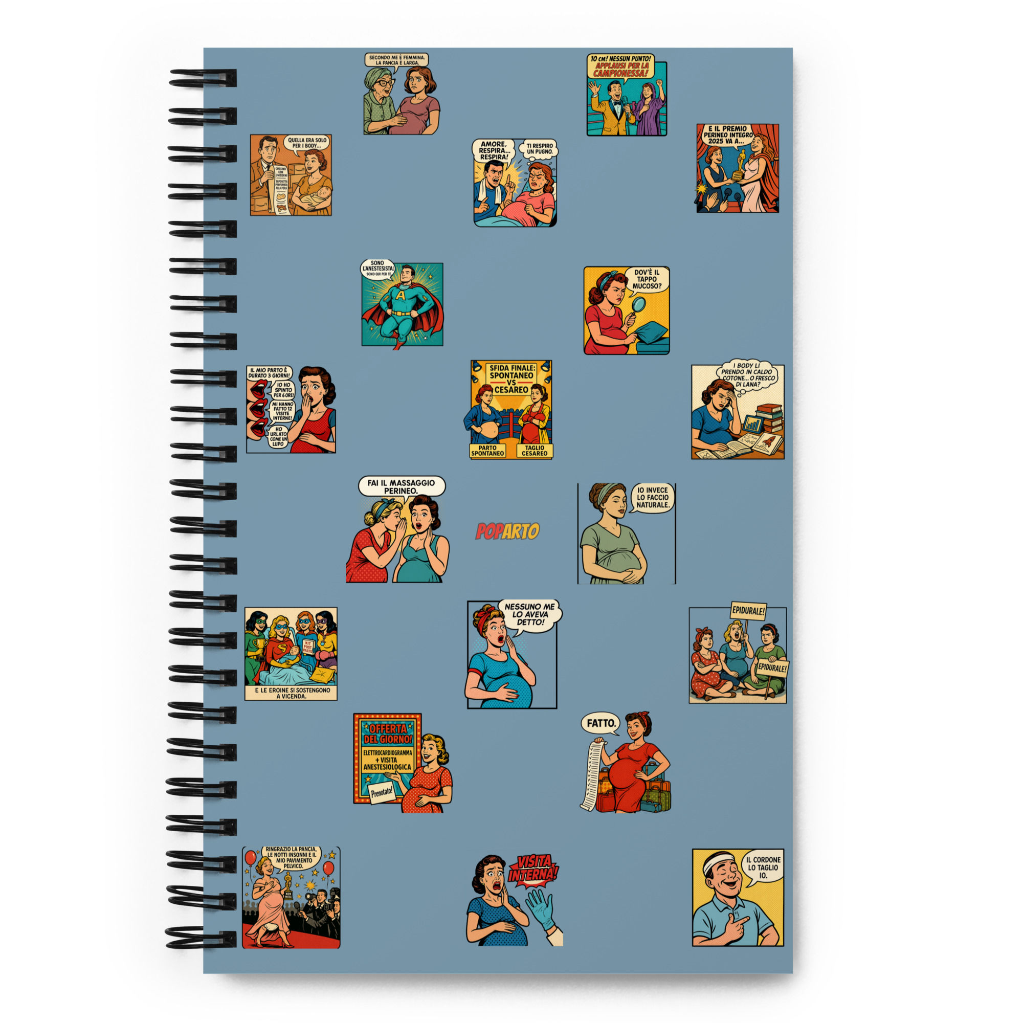 Taccuino per appunti maternità con copertina blu illustrata in stile pop art