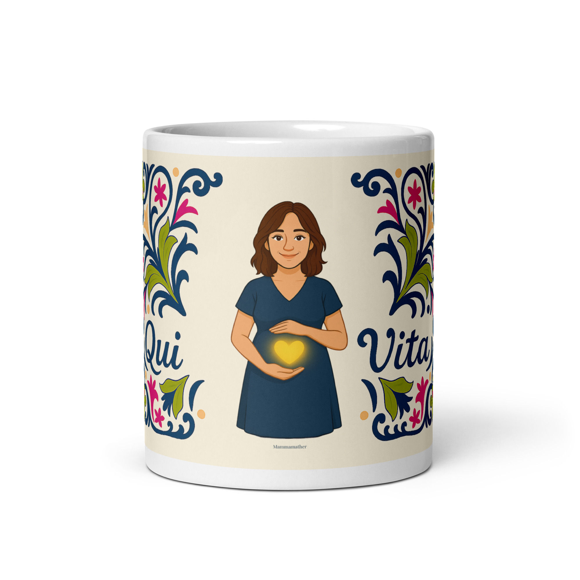 Tazza con frase maternità Qui c’è vita e decorazione a cuore – regalo simbolico per future mamme