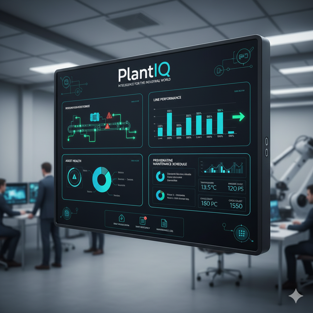 Manufacturing data visualization showing OEE, trends, and machine performance using PlantIQ by DM Automation.