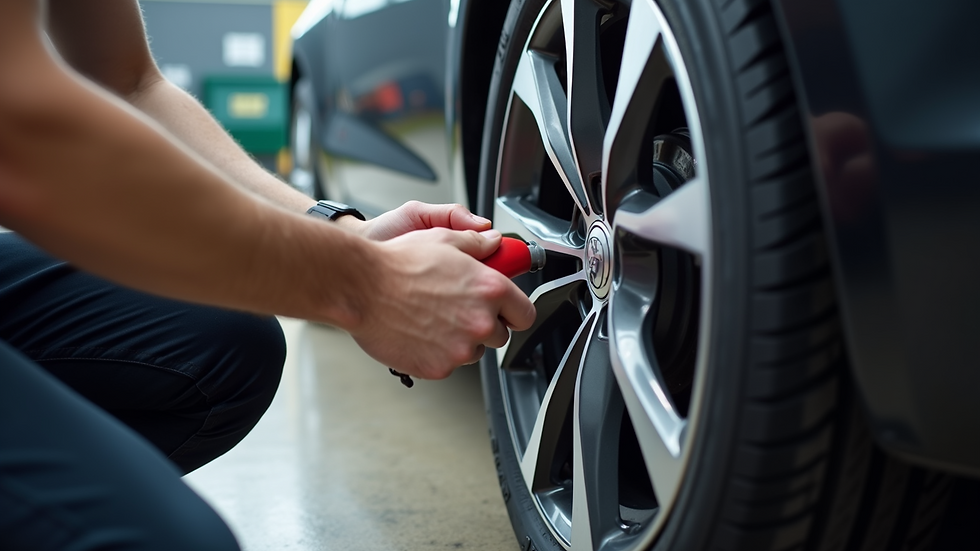 Close-up view of a car tire being checked for proper inflation