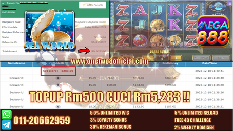 OneTwo8 ONG LAH‼️Muntah Duit Lagi‼️Mega888 Game 🐠Sea World🐠 Member TopUp Rm500 Cuci 💰Rm5,283💰