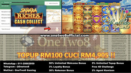 OneTwo8 Banyak ONG‼️ TopUp Rm100, Cuci 💰Rm4,905💰Game Rollex 11 🎲SAHARA RICHES🎲 Banuak ONG ONG‼️