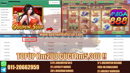 Member Main Mega888 Game 👩🦱Golden Slut👩🦱 TopUp Rm200 Dpt 🆓 Game Cuci💰Rm5,300 ‼️OneTwo8 Ade ONG‼️