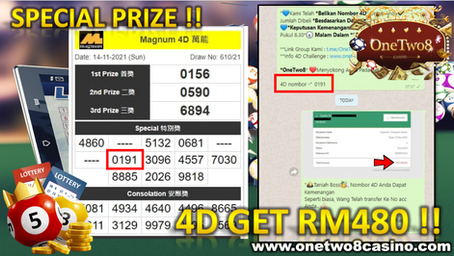 OneTwo8 4D Lottery Member Menang  Rm480‼️Nombor 👉0191👈 Free Beli Rm3 Dekat Magnum‼️OneTwo8