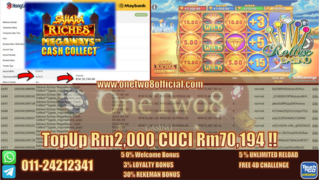 OneTwo8 Memang ONG‼️ Rollex11 Game 🏜SAHARA RICHES🏜 CUCI Rm70,194‼️One Kali Game Pecah, ComeBack‼️