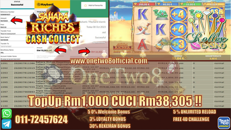OneTwo8 ONG‼️Mega888 Game 🕌Sahara Riches🕌 TopUp Rm1,000 BET Rm100 Jatuh 💰Rm38,305💰Banyak ONG‼️