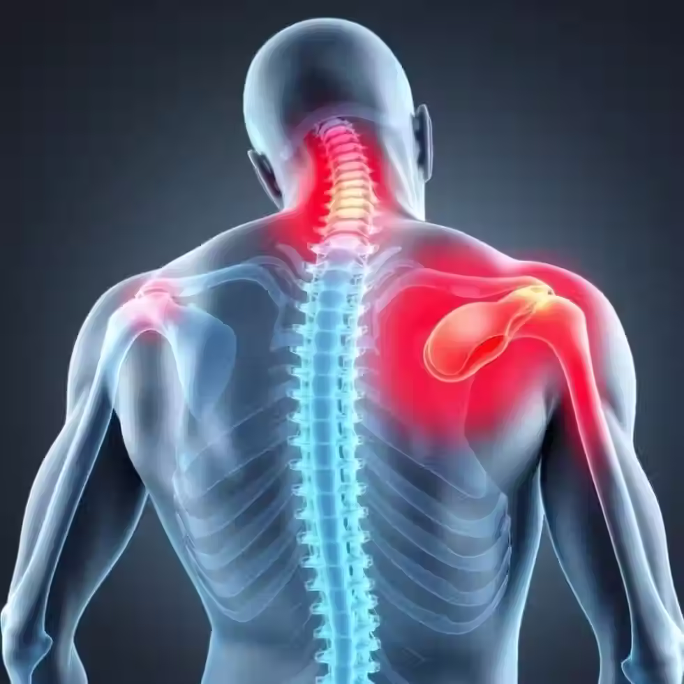 An anatomy diagram highlighting the region a man is experiencing shoulder ligament pain