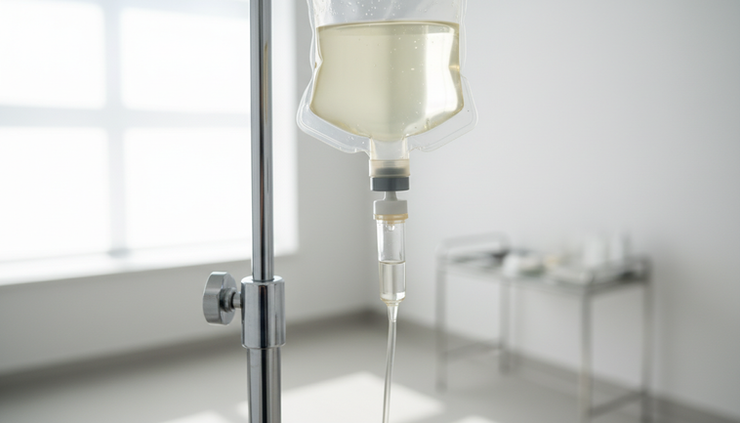 Close-up view of a transparent IV vitamin infusion bag on a clean stand.
