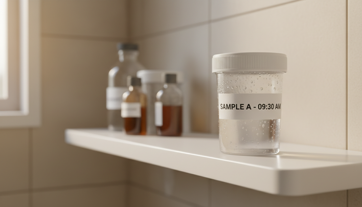 Close-up view of a labelled urine sample pot on a bathroom shelf.