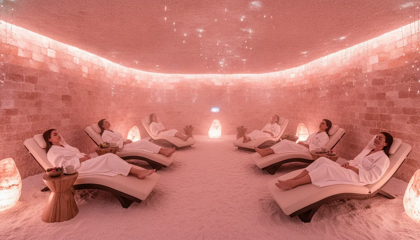 Luxurious salt cave interior with soft pink lighting and lounge chairs for group relaxation
