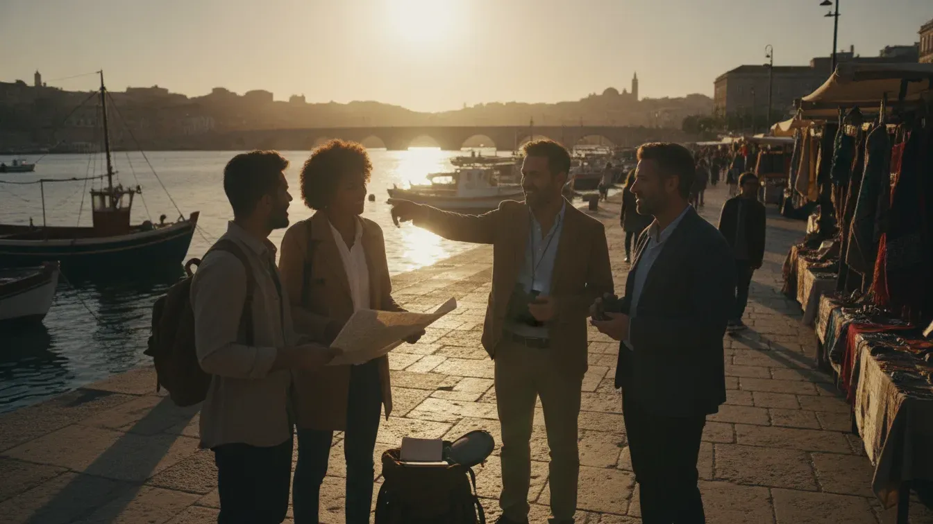 Travelers discussing a local waterfront experience with a guide