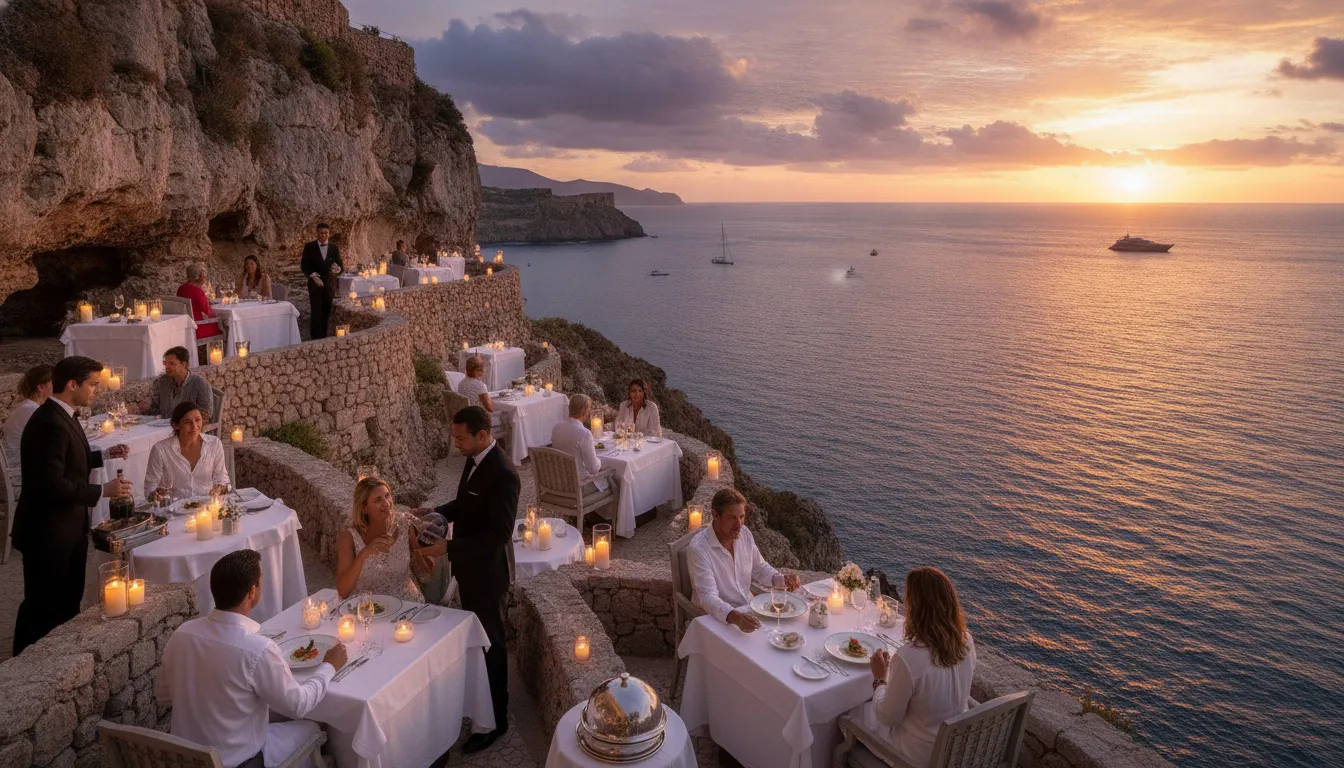 Luxury cliffside dining experience at sunset with candlelit tables overlooking the Mediterranean Sea