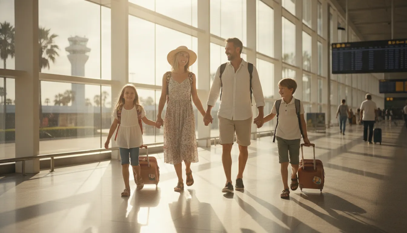 Happy family walking through an airport terminal with carry-on luggage ready for an affordable family vacation