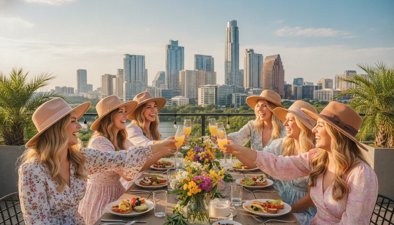 Friends enjoying brunch during an Austin bachelorette party