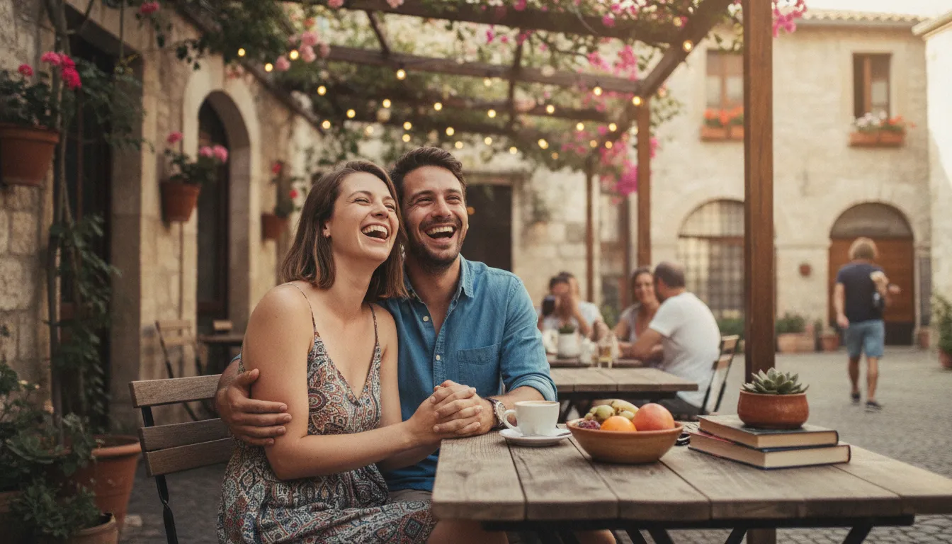 A happy couple laughing together at an outdoor cafe on a romantic date booked through Fox & Muse