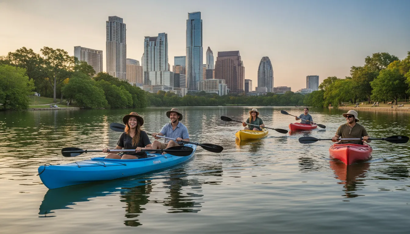 Friends paddling on Lady Bird Lake with the Austin skyline behind them