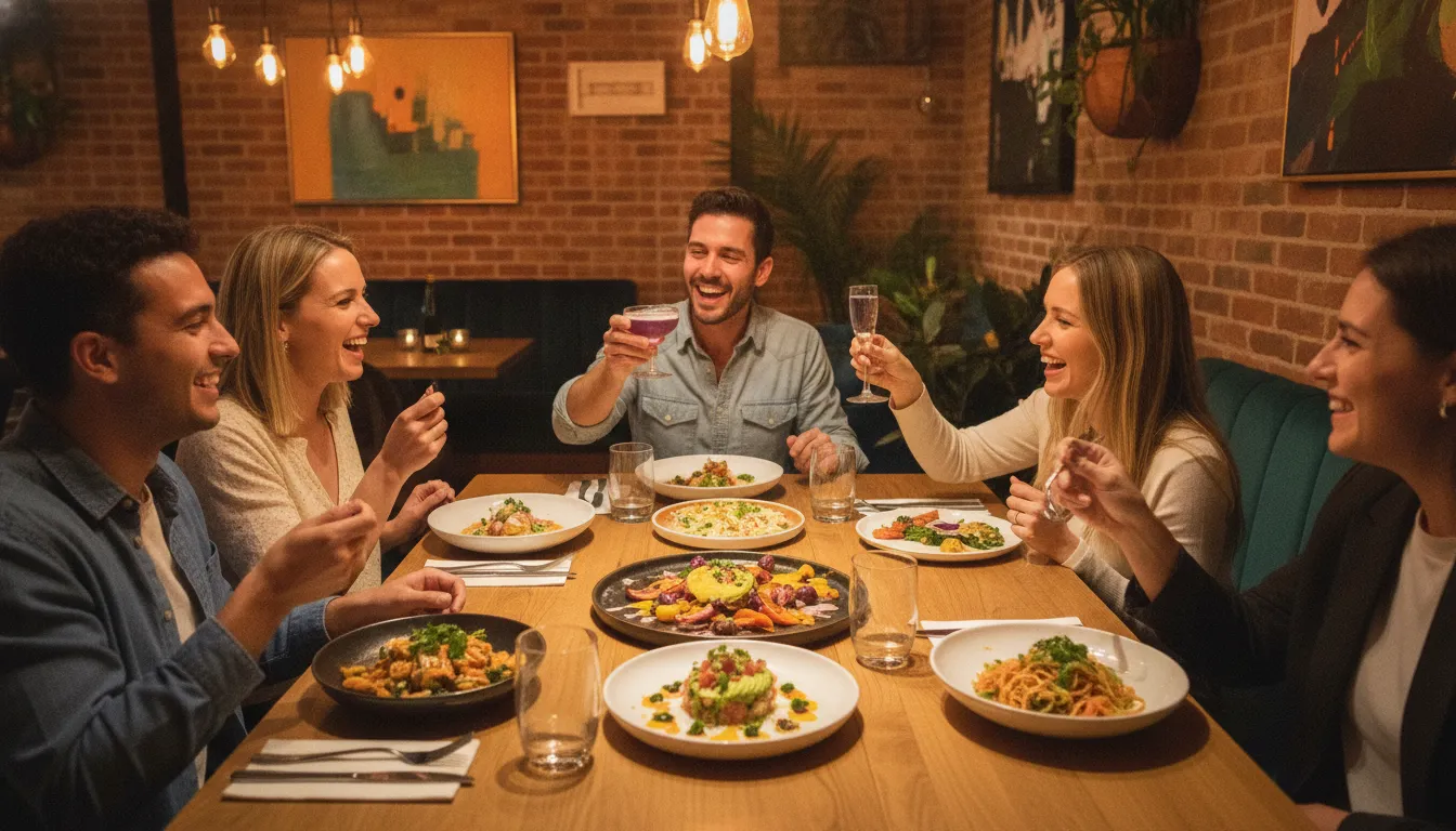 Friends sharing dinner at a local Orlando restaurant