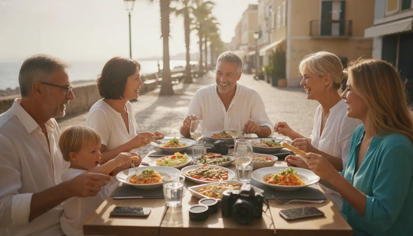 Multi-generational family enjoying an outdoor meal together at a relaxed restaurant on a budget-friendly vacation