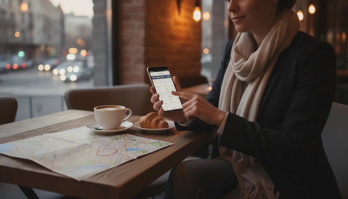 Traveler comparing hotel prices on a smartphone at a cafe with a city map