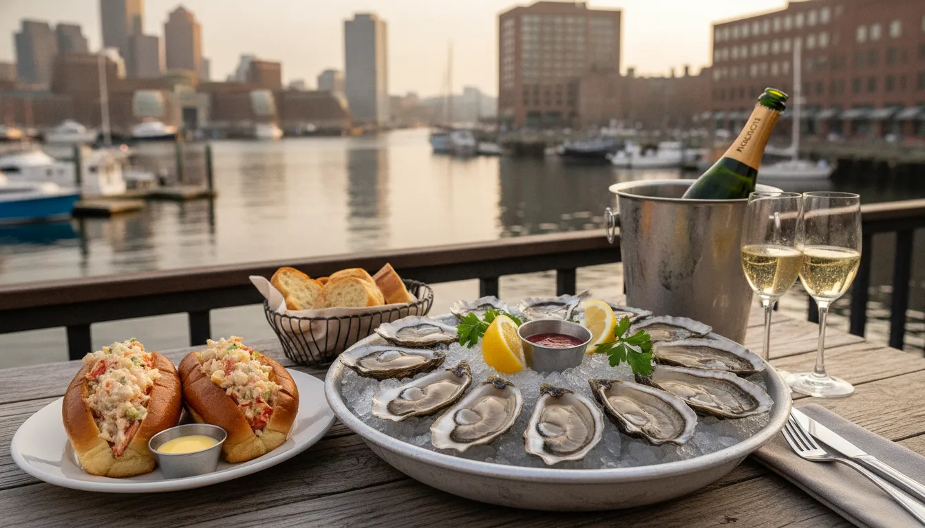 Fresh seafood platter with oysters and lobster rolls at a Boston waterfront restaurant