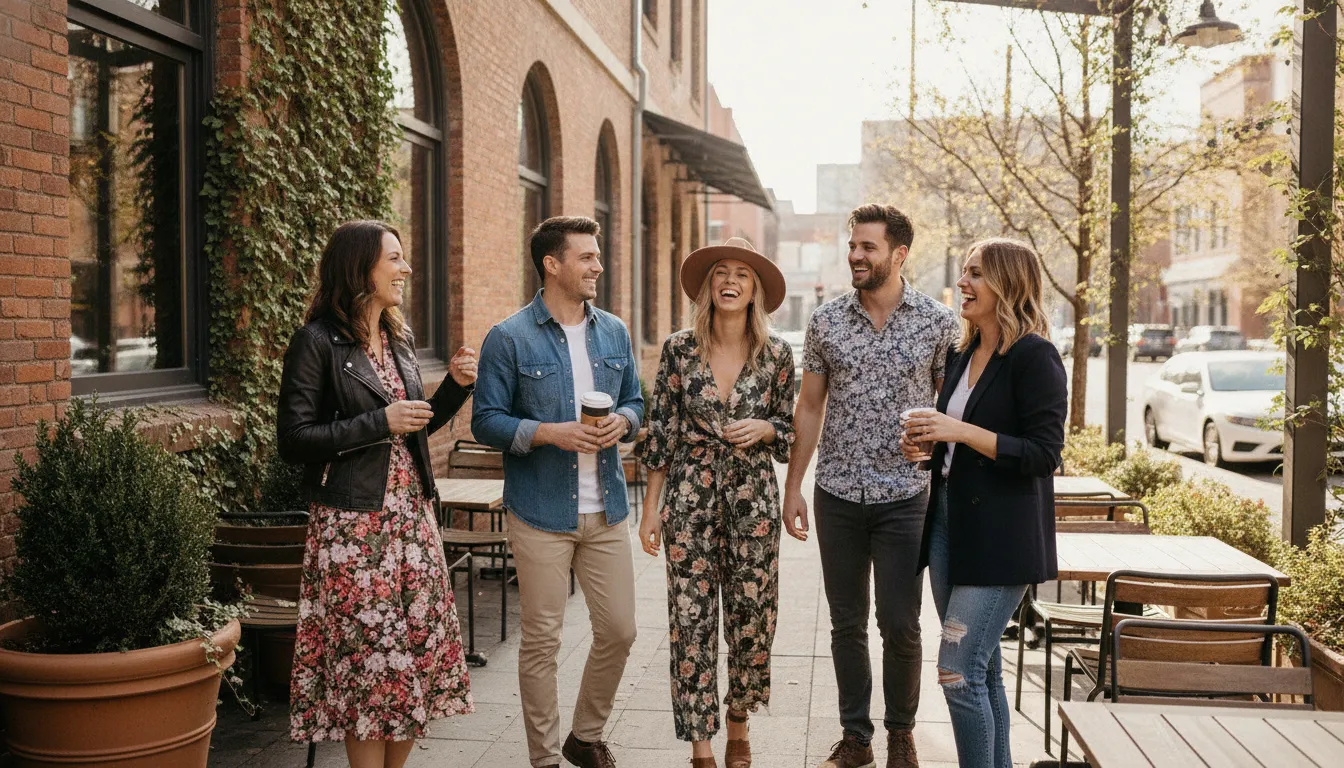 Friends exploring a Nashville neighborhood during a bachelorette party