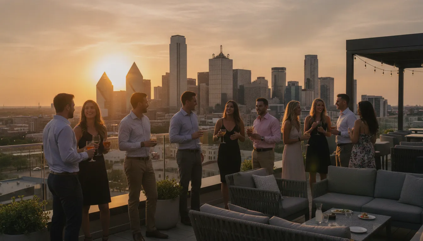 Dallas skyline at sunset with young professionals mingling at a rooftop bar