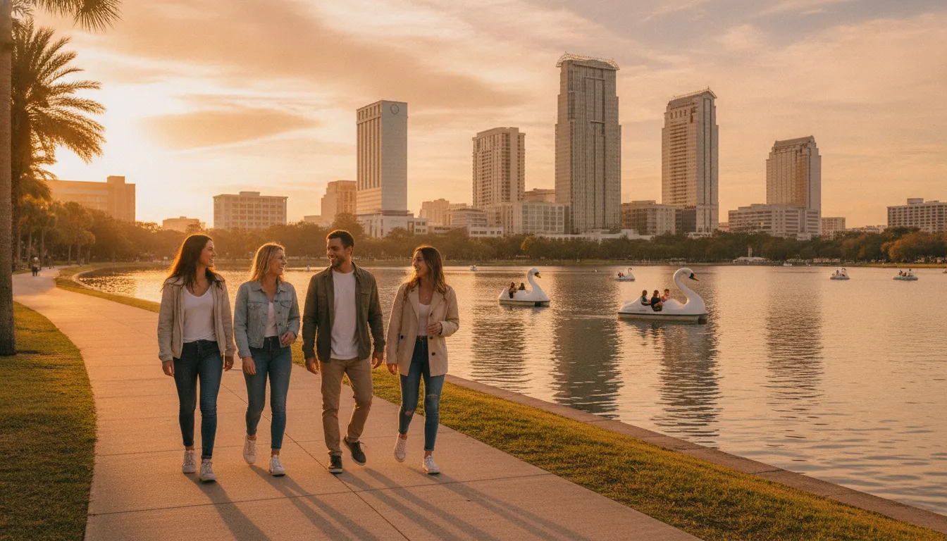 Friends exploring Lake Eola in downtown Orlando at sunset