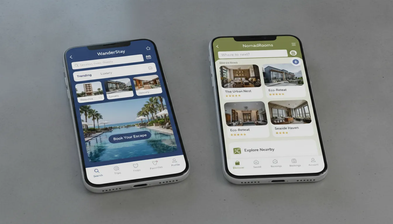 Side-by-side smartphone comparison of hotel booking app interfaces showing rate differences