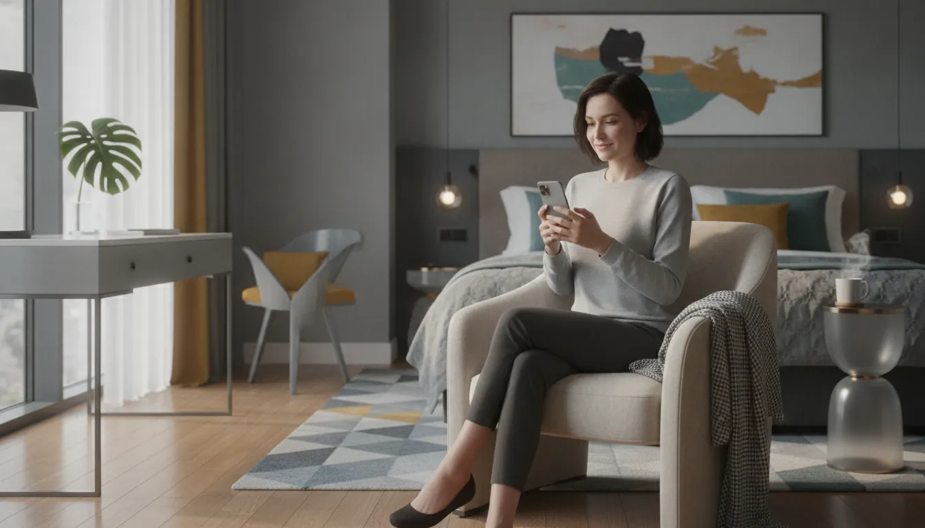 Cozy modern hotel room with natural light and a traveler relaxing on the bed with a smartphone