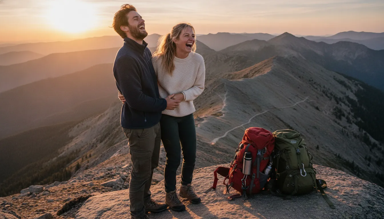 Couple laughing at a scenic mountain overlook during golden hour, adventure travel atmosphere