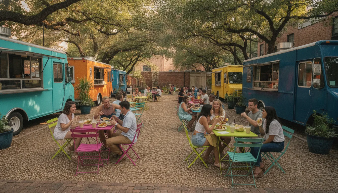 Friends sharing tacos at an Austin food truck courtyard