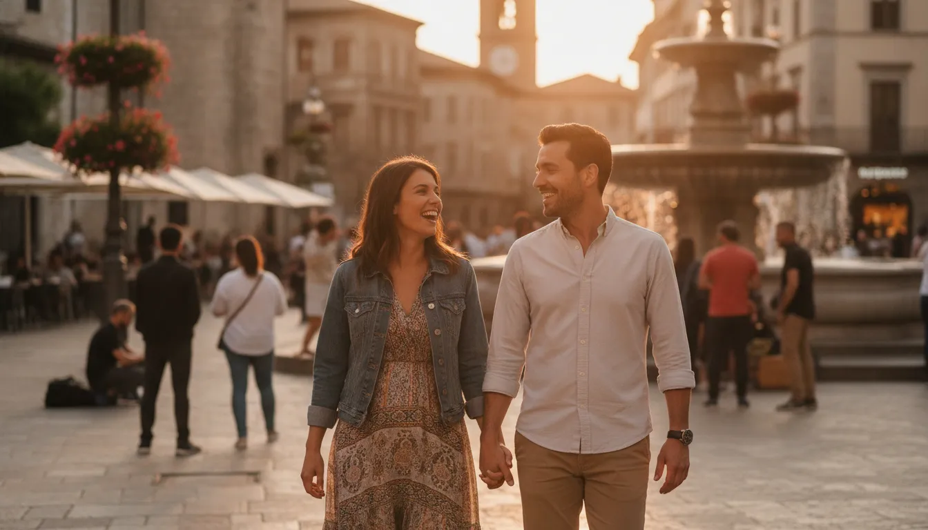 Couple enjoying a safe first date in a busy public plaza