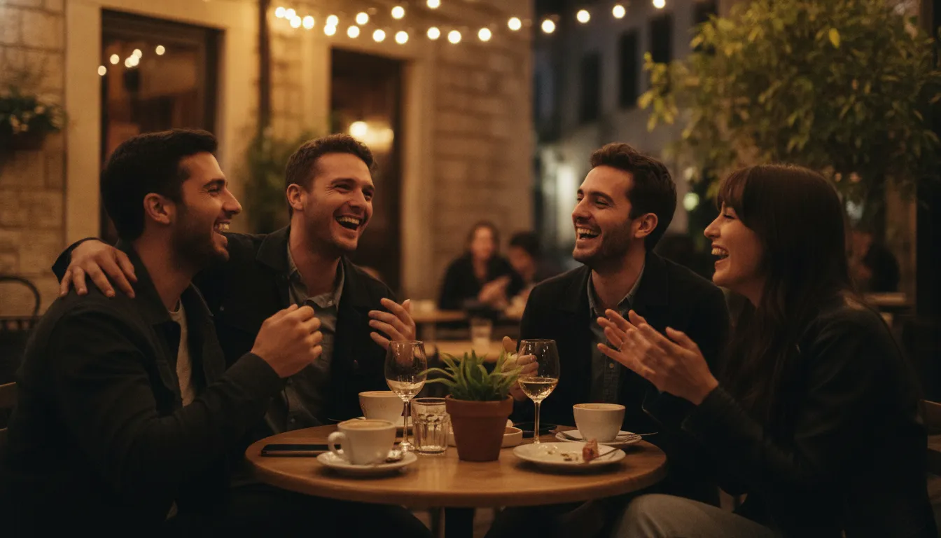 Friends sharing a laugh at an outdoor café, in-person connection after ghosting