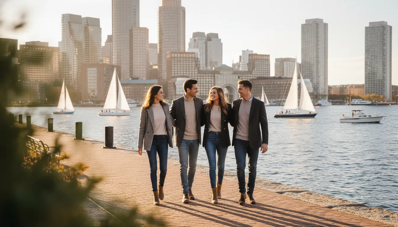 Friends enjoying waterfront things to do in Boston on the Harborwalk