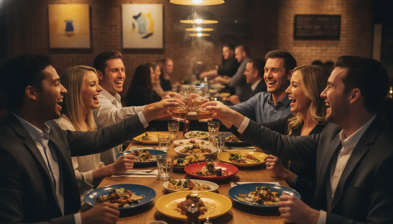 Friends sharing a celebratory meal during a Nashville bachelorette party