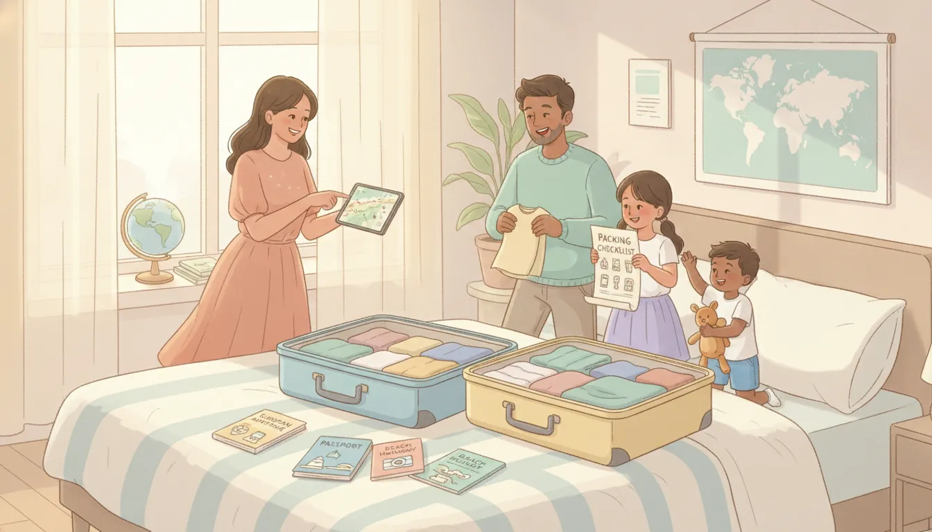A family packing bags and checklist for vacation