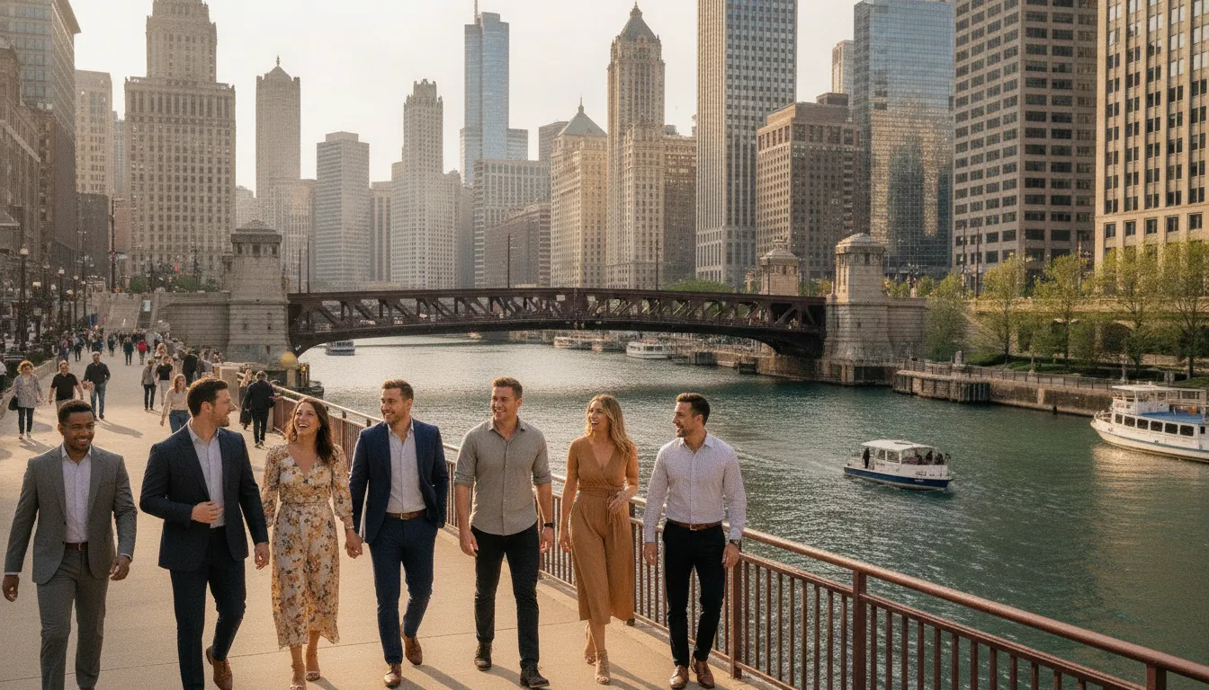 Friends exploring the Chicago Riverwalk during a weekend trip