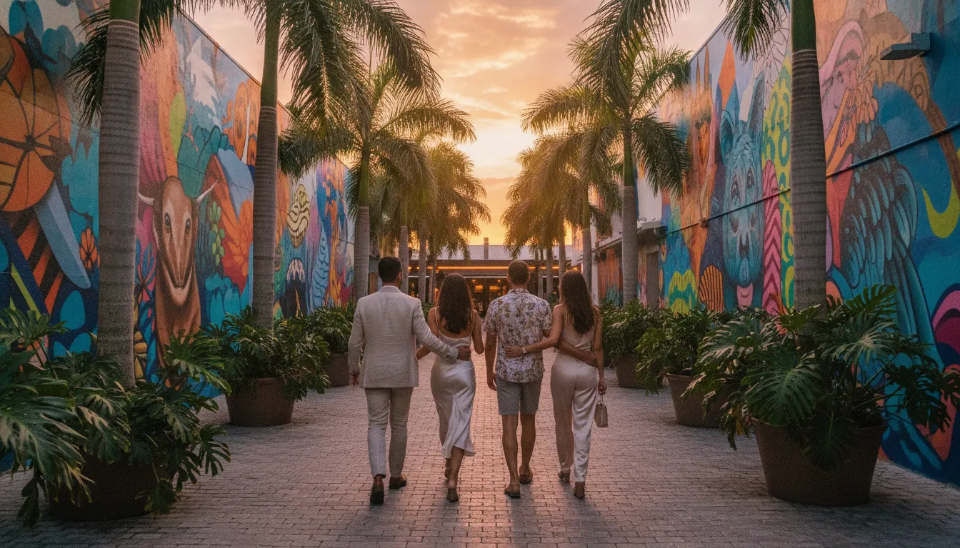 Friends exploring colorful Wynwood before a Miami night out