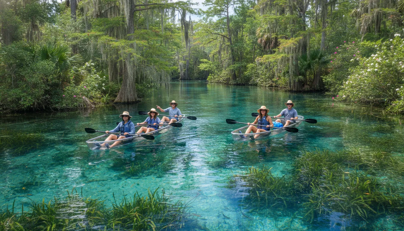 Group kayaking at a natural spring near Orlando