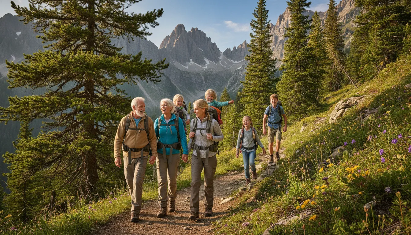 Multi-generational family hiking a scenic mountain trail surrounded by pine trees