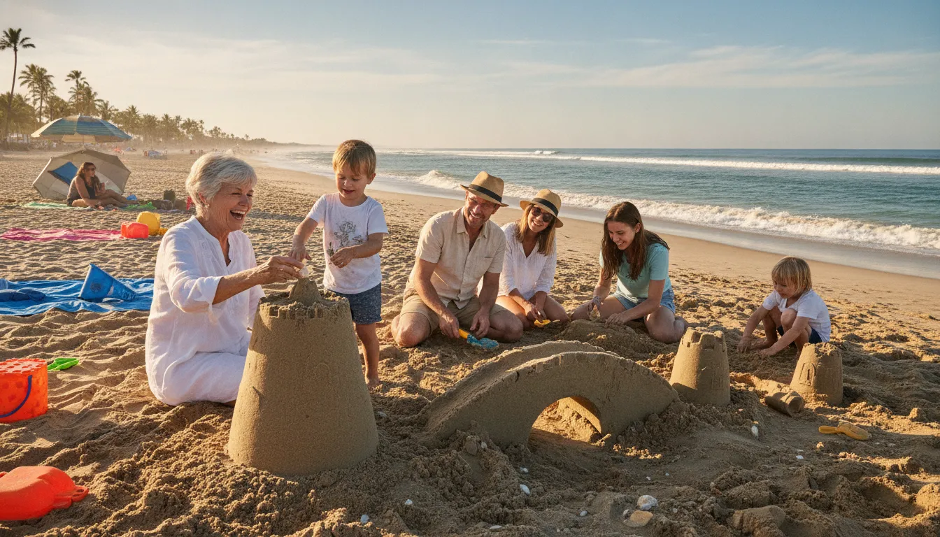 Multi-generational family building sandcastles at a sunny family-friendly beach destination