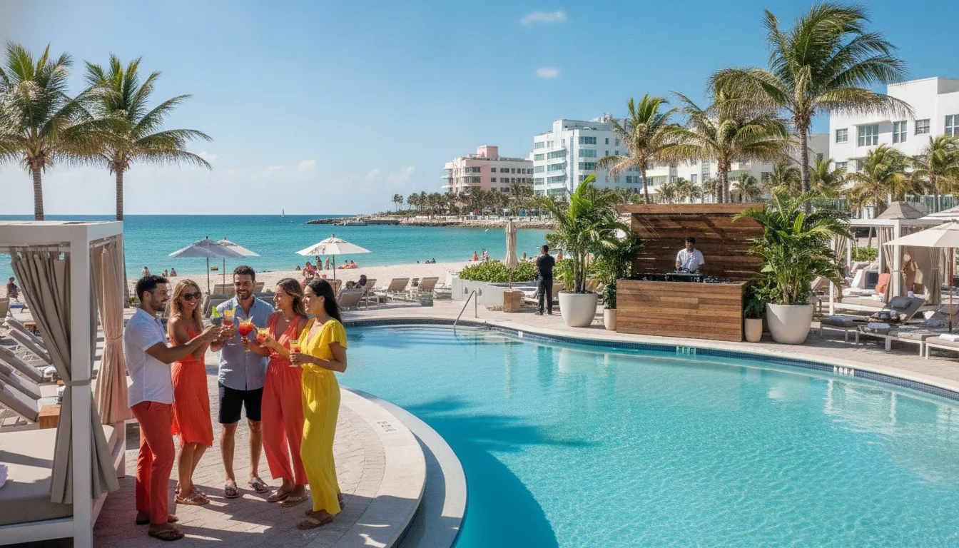 Friends enjoying a Miami beach escape near Art Deco architecture