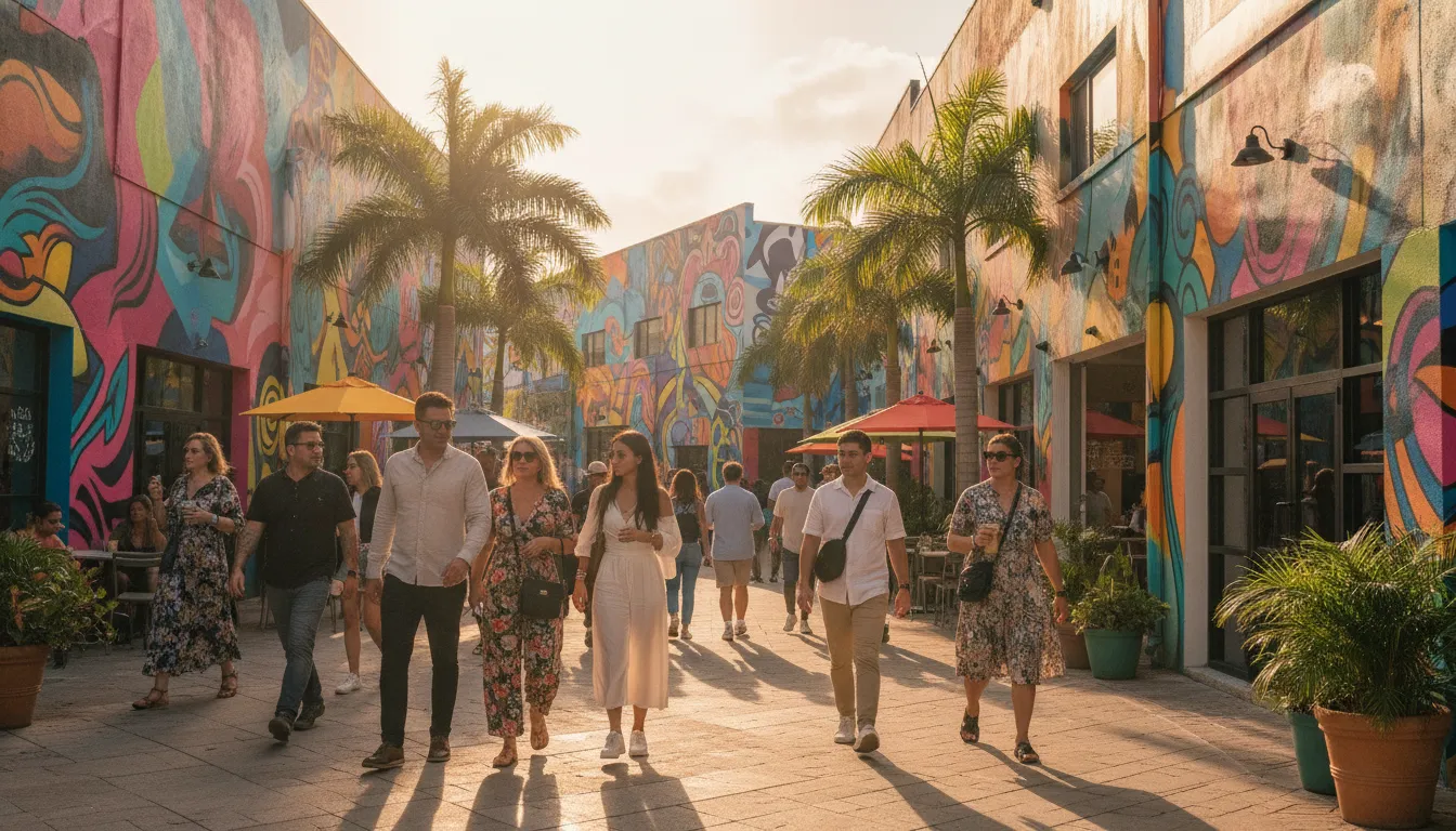 Colorful murals and visitors in Miami's Wynwood arts district