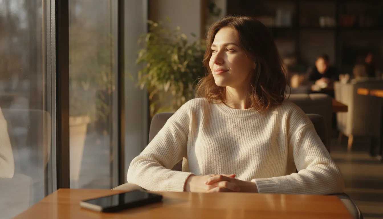 Woman taking a thoughtful break from her phone