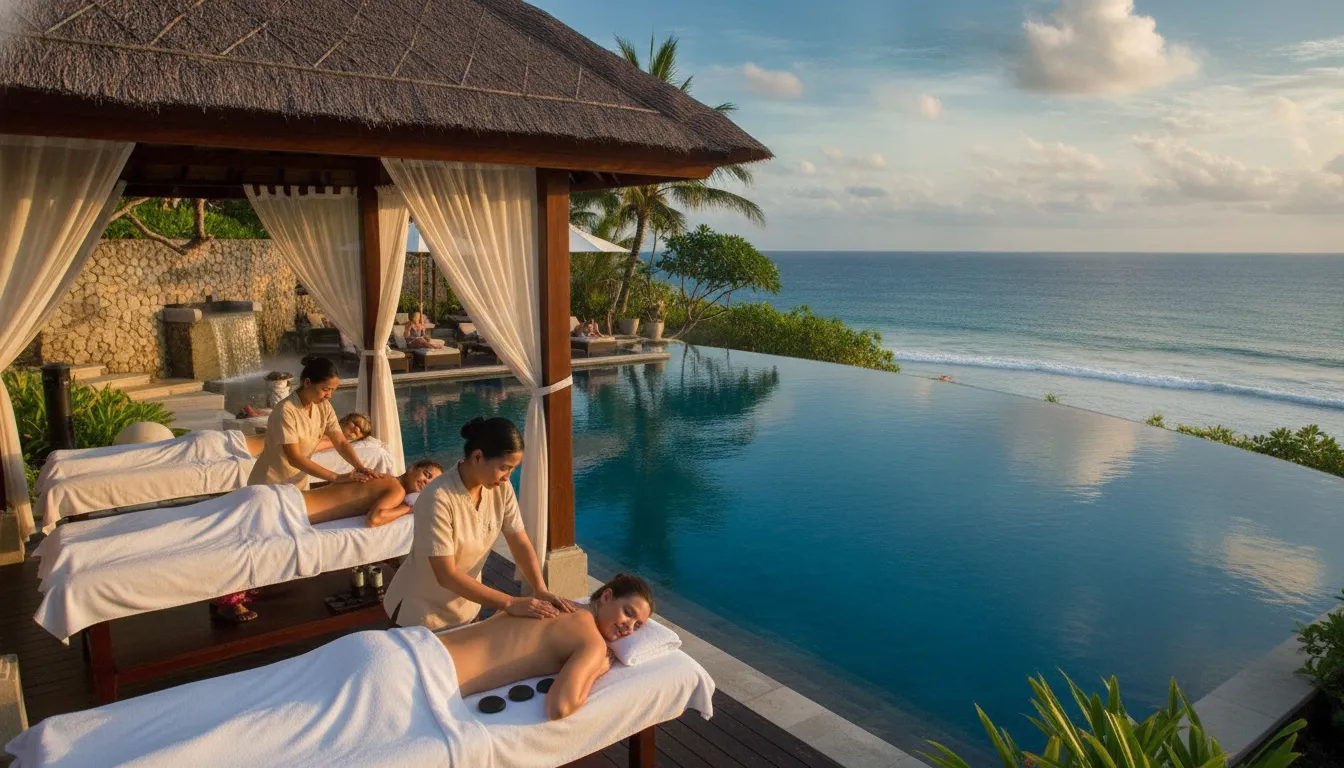 Luxury wellness spa retreat with infinity pool overlooking ocean and open-air treatment pavilions