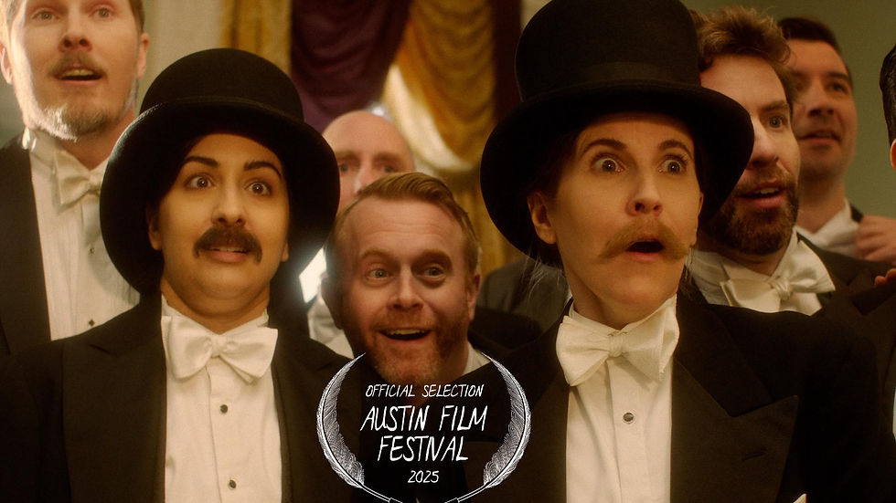 Two women in male drag, complete with top hat and mustaches, crowd up with similarly dressed men.