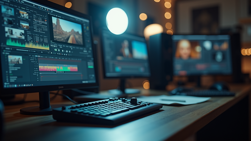 Close-up view of a video editor working on a corporate video project