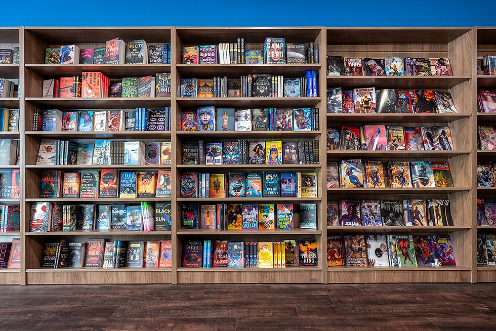 Fully merchandised bookshelves at Multiverse without any signage.